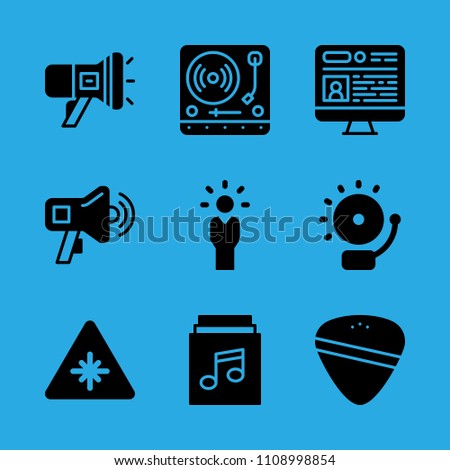 manager, laser, television, guitar pick, alarm, turntable, megaphone, music album and megaphone vector icon. Simple icons set