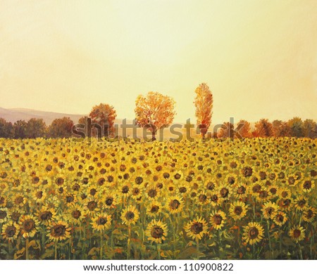 An oil painting on canvas of a rural sunset landscape with a golden sunflower field lit by the warm light of the setting sun and trees colored in orange at the background.
