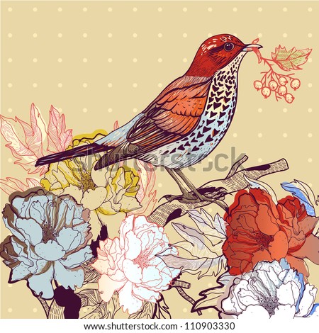 vector illustration of a bird and blooming roses