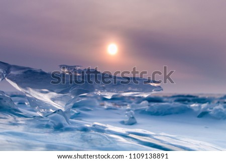 Landscape of lake Baikal in winter at dawn