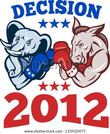 Illustration of a democrat donkey mascot of the democratic and republican elephant boxer boxing with gloves set inside circle done in retro style with words decision 2012