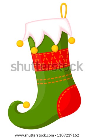 Colorful cartoon christmas stocking. Holiday themed vector illustration for icon, sticker, patch, label, sign, badge, certificate or gift card decoration