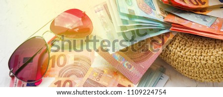 banner for website, Straw hat, money, Bank cards, glasses glare, the concept of holiday, vacation, savings