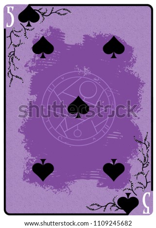 Five of Spades playing card. Unique hand drawn pocker card. One of 52 cards in french card deck, English or Anglo-American pattern. Cartoon style digital art illustration. Clip art for web and print