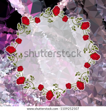Round frame with red roses on a square mosaic background. Copy space. Wreath of flowers. Vector clip art.