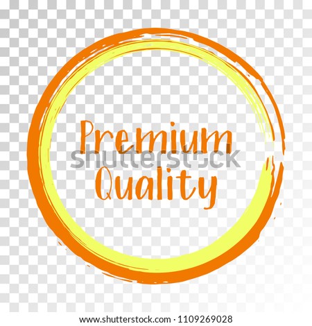 Premium quality products icon, goods package label vector design. High quality goods, food, clothing logo, premium class products sign, orange stamp circle tag label, sticker, emblem on transparent