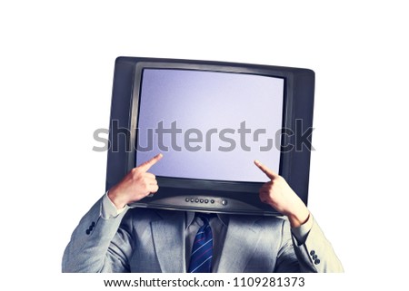 Man with a TV instead of a head isolated on a white background. Place for text. Multimedia Social networks concept. Copy space.