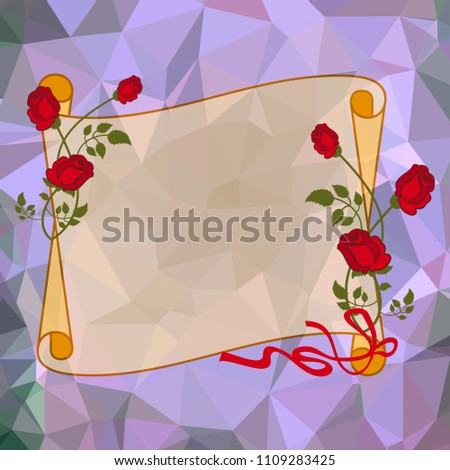 Paper scroll  with red roses on a square mosaic background. Copy space.  Vector clip art.