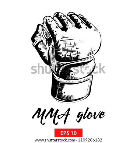 Vector engraved style illustration for posters, decoration and print. Hand drawn sketch of mma glove in black isolated on white background. Detailed vintage etching style drawing. Royalty-Free Stock Photo #1109286182