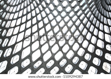Structure of steel frame with glass in gardent dome. Geometric of roofing steel truss.