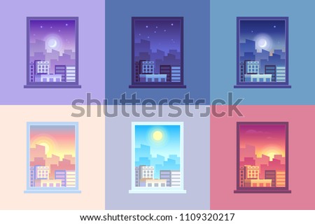 Window day time view. Sunrise sun dawn morning noon sunset dusk afternoon day and night stars at city house windows apartment colorful purple orange blue pink cartoon vector concept illustration Royalty-Free Stock Photo #1109320217