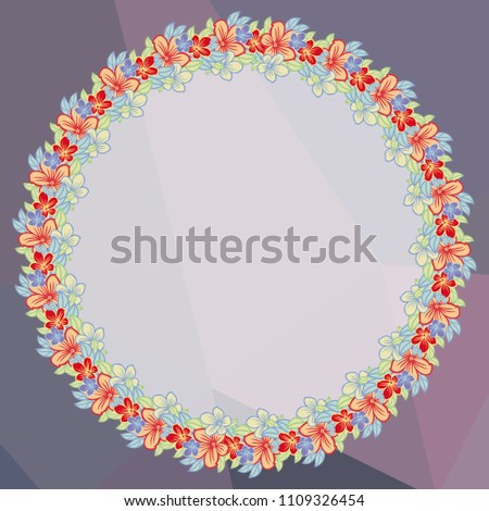 Round floral frame on a square mosaic background. Copy space. Wreath of flowers. Vector clip art.
