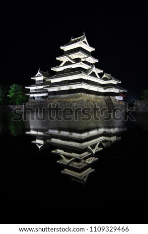 Bautiful reflection in water at night of Matsumoto Castle. It is a Japanese premier historic castles in easthern Honshu, Matsumoto-shi, Chubu region, Nagano Prefecture, Japan. June 9, 2018.