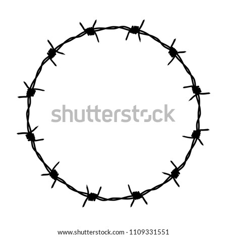 Barbed wire graphic sign. Frame circle from barbed wire. Symbol of not freedom. Vector illustration Royalty-Free Stock Photo #1109331551