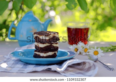 Sweet dessert, chocolate brownie with a layer of cream cheese