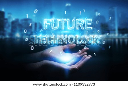 Businesswoman on blurred background  using future technology text interface 3D rendering
