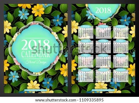 Colored 2018 Year Calendar Rectangular Template, Double-sided. Beautiful Abstract Flowers, Elegant Feminine Design. Corporate Identity, Flyer, Poster. Vector Illustration. Clipping Mask, Editable