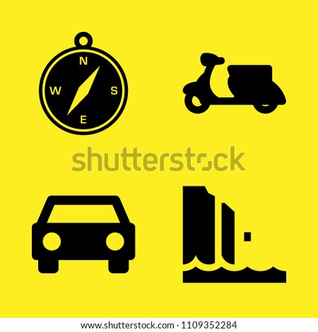 car frontal view, scooter bike, coast and compass with cardinal points vector icon set. Sample icons set for web and graphic design