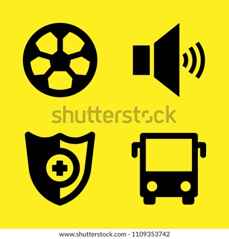 football, bus front view, shield and volume vector icon set. Sample icons set for web and graphic design