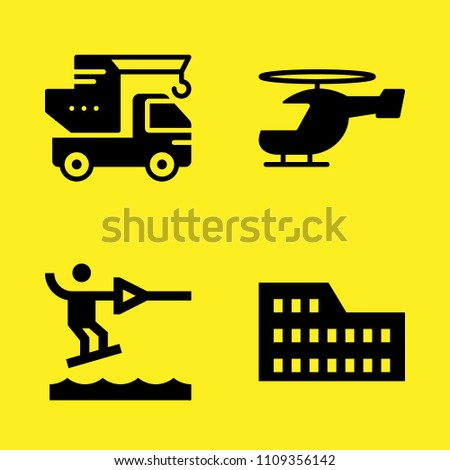 crane, coliseum, water ski and helicopter vector icon set. Sample icons set for web and graphic design