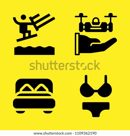 double bed, drone, water ski and bikini vector icon set. Sample icons set for web and graphic design