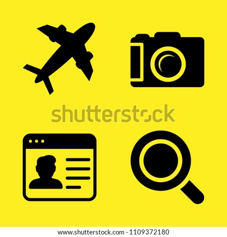 photo camera, profile, search and plane diagonal silhouette vector icon set. Sample icons set for web and graphic design