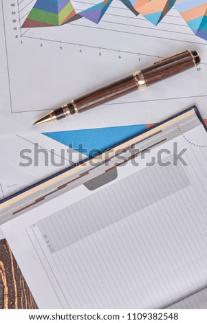 Finance and accounting concept. Notepad diary, papers with diagrams and pen.