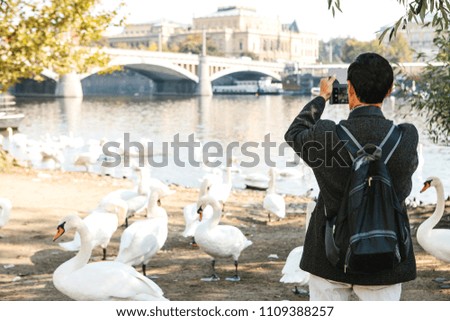 A tourist with a backpack photographing the beautiful medieval architecture of Prague and the Vltava River in the Czech Republic. White swans are walking nearby
