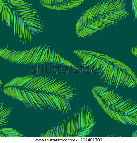 Vector Seamless Pattern of Exotic Palm Leaves. Tropic Summer Background. Realistic Jungle Foliage in Modern Style. Tropic Seamless Pattern for Print, Paper, Cloth Design, Textile, Wallpaper, Wrapping.