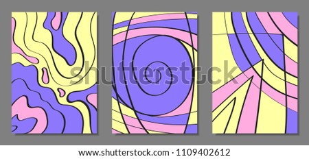 Abstract Geometric Backgrounds Set with Handwritten Wavy Lines and Ethic Elements. Bright Psychedelic Wallpaper in Pastel Color Design. Vector Illustration in Pink, Purple and Yellow Colors.
