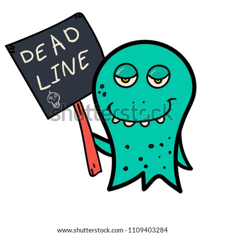 Cute cartoon green smiling "DEADLINE" monster. Vector octopus character. Halloween design for print, stickers, t-shirt, illustration, logo, emblem or any other things like books, 	
clothes and toys