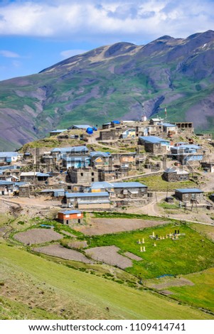 Vertical picture of the amazing mountain village Xinaliq (Khinalug)