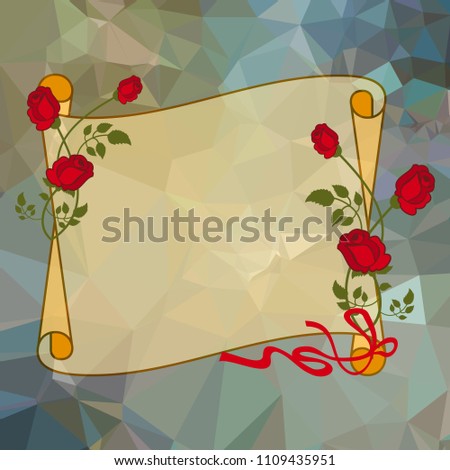 Paper scroll with red roses on a square mosaic background. Copy space. Vector clip art.