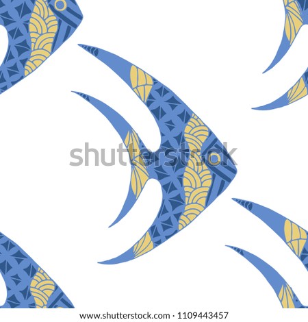 Tropical Fish. Seamless Pattern with Colorful Fish Hand Drawn in Childish Style. Sea Pattern for Paper, Fabric, Print. Bright Simple Texture in Trendy Colors. Vector Illustration.
