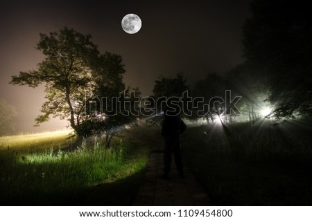 Strange silhouette in a dark spooky forest at night, mystical landscape surreal lights with creepy man. Foggy night