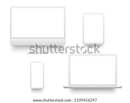 White desktop computer display screen smartphone tablet portable notebook or laptop. Outline mockup electronics devices phone monitor lines realistic simple isolated 3d vector set Royalty-Free Stock Photo #1109456297