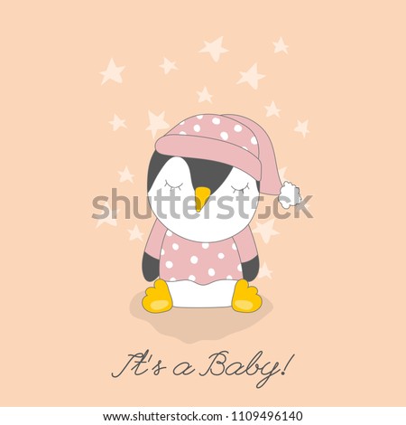 Card for children with cute sleepy penguin and stars for baby shower
