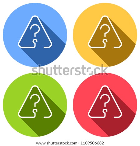 Question mark in warning triangle. Linear icon with thin outline. One line style. Set of white icons with long shadow on blue, orange, green and red colored circles. Sticker style