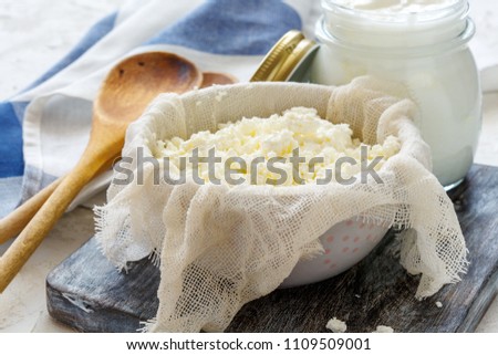 Fresh cottage cheese in a bowl of cheesecloth and jar of sour milk on a table with linen cloth. Royalty-Free Stock Photo #1109509001