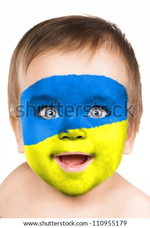 Baby face close-up, painted in the style of an Ukraine flag.
