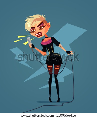 Rock star woman girl teen character singing song. Hard music concept flat cartoon design graphic isolated illustration