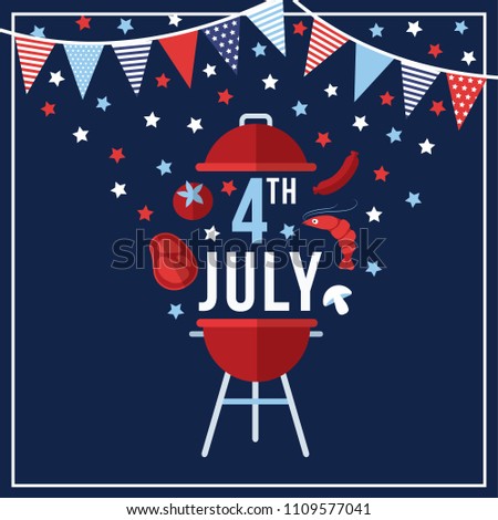 Happy Independence day, 4th July national holiday. Festive greeting card, invitation with bunting flags decoration, barbecue food symbols and stras in USA flag colors. Vector illustration background,  Royalty-Free Stock Photo #1109577041