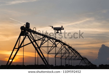 Close up of flying drone above farmland at sunset with irrigation system in background. Agricultural and technology innovations in production