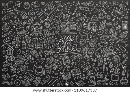 Chalkboard vector hand drawn doodle cartoon set of School objects and symbols