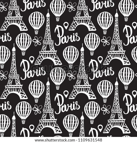 Paris card. Eiffel Tower and Balloon hand drawing. White design for girls with a vector illustration on black background.