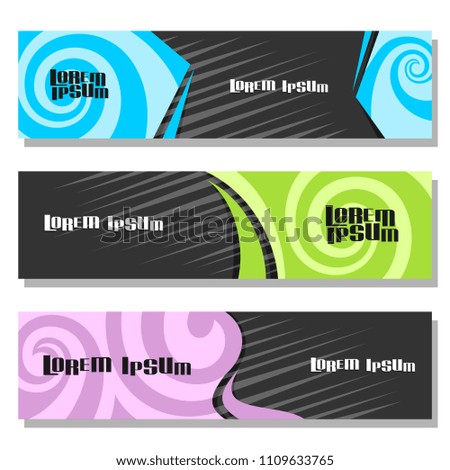 Vector set of horizontal futuristic Banners, 3 layouts for website headers with spiral abstract pattern and copy space for advertising text, design templates with waves background for presentation.