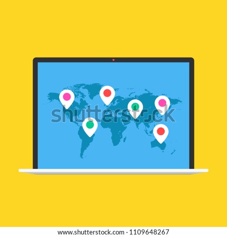 World map with pins. Laptop with map and tacks on screen. Modern flat design graphic elements. Vector illustration