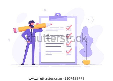 Positive business man with a giant pencil on his shoulder nearby marked checklist on a clipboard paper. Successful completion of business tasks. Flat vector illustration. Royalty-Free Stock Photo #1109658998
