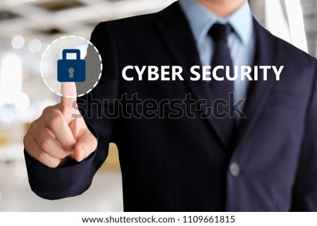 Businessman hand touching cyber security icon  device screen over blur background, banner, cyber security concept