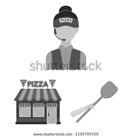 Pizza and pizzeria monochrome icons in set collection for design. Staff and equipment vector symbol stock web illustration.